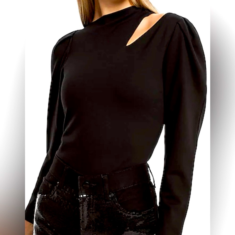 Express Black Skimming Ponte Puff Sleeve Cutout Blouse Top